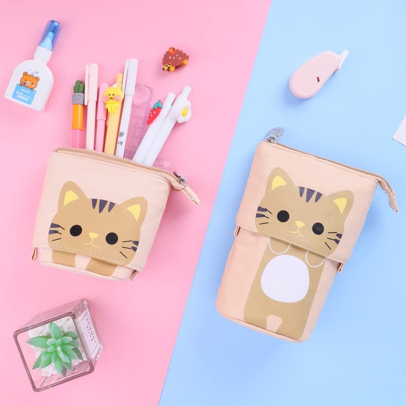 iSuperb Standing Pencil Pouch Pencil Case Cute Cat Telescopic with Zipper Canvas Kwaii Cartoon Pencil Bag Stationery Box for Kids Girls Boys School Supplies 7.5 x 4.9 x 3.0inch/4.1x 3.0inch - Image 2
